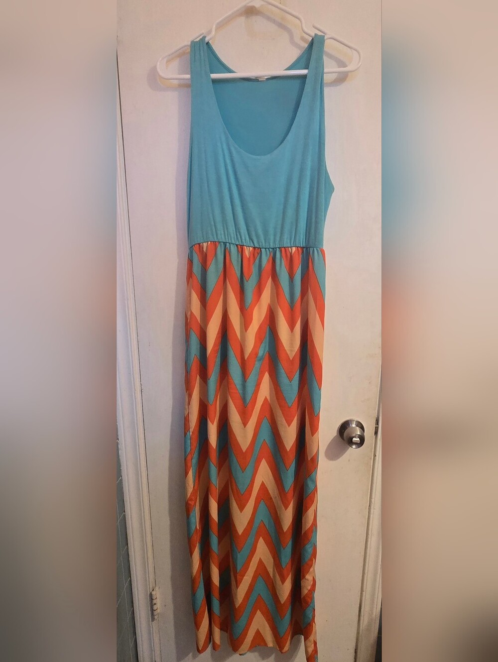 Tyche Turquoise, Orange and Cream Chevron Maxi Dress Size Large